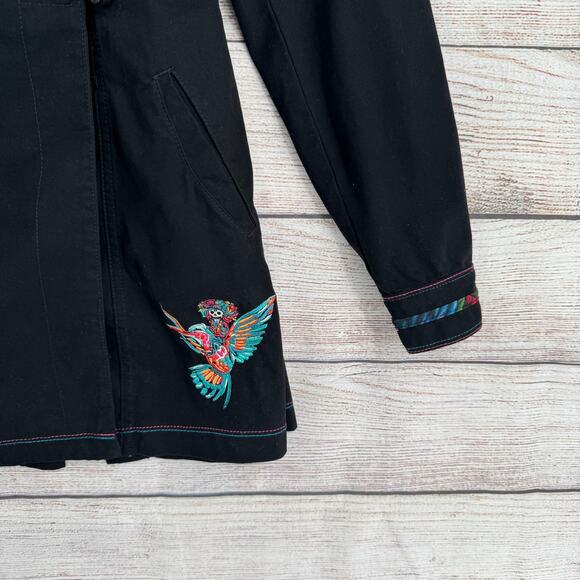 Ay Guey Tropical Embroidered Hooded Jacket Womens Small Black Floral Skull - Picture 6 of 12